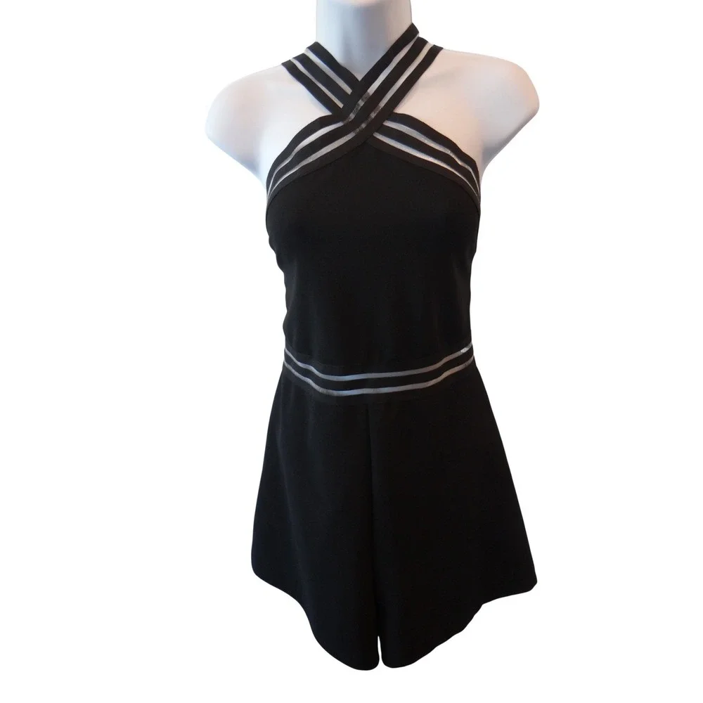 Black Halter Neck Romper Mesh Trim Cutout‎ Detail